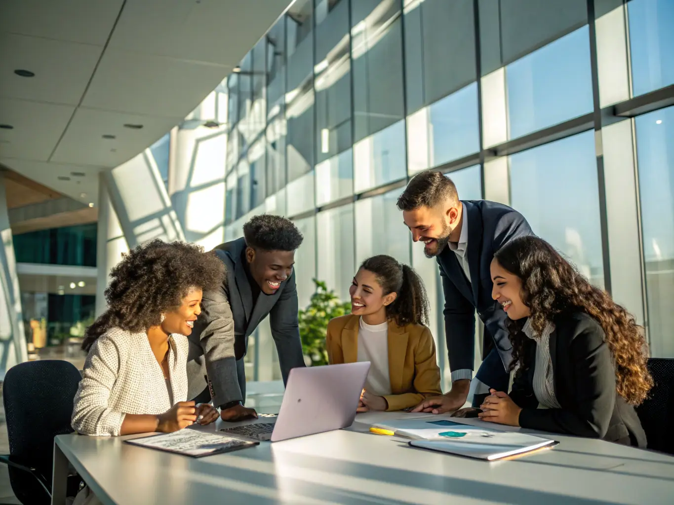 A diverse team of recruitment consultants collaborating in a modern office, representing Big Executive's commitment to personalized service.
