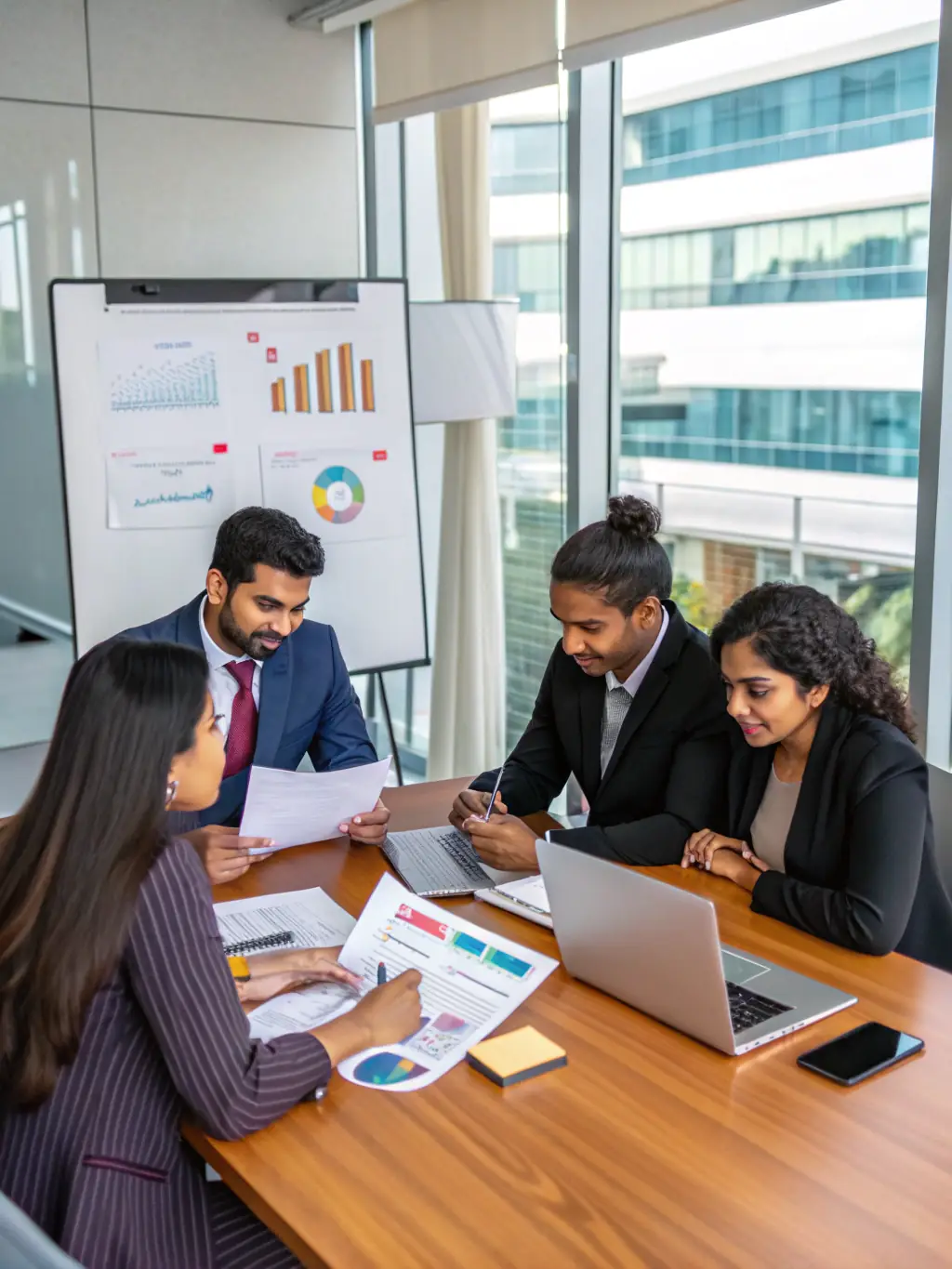 A team of financial analysts working on computers in a high-rise office building, representing Big Executive's success in placing candidates in the finance industry.